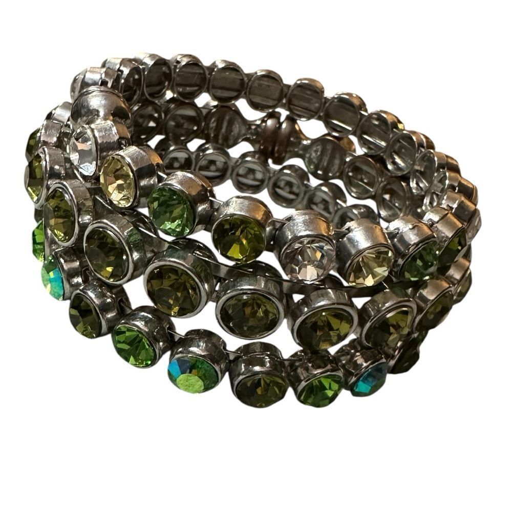 THREE GREEN & AB CRYSTAL SILVER & PERIDOT RHINESTONE MAGNETIC CLOSURE BRACELETS - Picture 2 of 11
